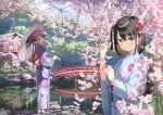  2girls absurdres bangs black_hair blue_kimono blush bridge building cherry_blossoms closed_mouth commentary_request floral_print flower garden hair_flower hair_ornament hand_up highres holding japanese_clothes kantoku kanzashi kimono kurumi_(kantoku) lake long_hair long_sleeves looking_at_viewer multiple_girls obi obijime original outdoors parasol parted_lips pink_eyes pink_flower pink_hair purple_kimono sash scenery shizuku_(kantoku) short_hair smile standing tree tsumami_kanzashi umbrella water 