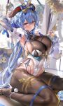  1girl arm_up blue_hair breasts daefny ganyu_(genshin_impact) genshin_impact goat_horns highres horns large_breasts looking_at_viewer pantyhose solo thighs 