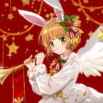  1girl animal_ears bangs blonde_hair cardcaptor_sakura christmas closed_mouth danby_merong fake_animal_ears fur-trimmed_jacket fur-trimmed_sleeves fur_trim green_eyes hands_up highres holding holding_instrument instrument jacket kinomoto_sakura long_sleeves rabbit_ears red_background simple_background skirt smile solo starry_background trumpet white_jacket white_skirt white_wings wings 