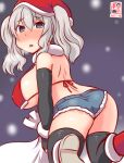  1girl alternate_costume artist_logo bikini black_thighhighs blue_eyes breasts dated grey_hair hat kanon_(kurogane_knights) kantai_collection kashima_(kancolle) large_breasts looking_at_viewer night one-hour_drawing_challenge sack santa_hat snow snowing solo swimsuit thighhighs twintails wavy_hair 