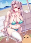  1girl absurdres aqua_bikini azur_lane bench bikini bird braid braided_bun breasts choker cleavage double_bun duck formidable_(azur_lane) formidable_(the_lady_of_the_beach)_(azur_lane) hair_bun highres horizon large_breasts long_hair looking_at_viewer mirufui multi-strapped_bikini navel ocean outdoors red_choker red_eyes solo standing standing_on_one_leg swimsuit thighhighs toeless_legwear very_long_hair white_hair white_thighhighs 