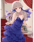  1girl alternate_costume bangs bare_arms bare_shoulders blue_dress bracelet commentary_request cowboy_shot dress fire_emblem fire_emblem:_three_houses haru_(nakajou-28) indoors jewelry long_hair looking_at_viewer lysithea_von_ordelia red_eyes skirt_hold smile solo stairs standing strapless strapless_dress white_hair 