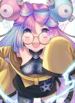  1girl :d absurdres bespectacled blush breasts character_hair_ornament commentary_request electricity glasses green_hair grey_shirt hair_ornament hand_on_hip hand_up highres iono_(pokemon) jacket kanna-mika long_hair looking_at_viewer open_mouth pokemon pokemon_(game) pokemon_sv purple_eyes purple_hair round_eyewear sharp_teeth shirt sleeveless sleeveless_shirt smile solo star_(symbol) star_print teeth upper_teeth_only yellow_jacket 
