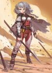  1girl abs belt blue_eyes breasts cloud cloudy_sky covered_nipples desert dual_wielding grey_hair highres holding jumpsuit knife long_hair muscular muscular_female ninten_link original polearm sand sky solo spear toned weapon 