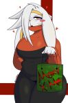  &lt;3 2020 accessory anthro big_breasts black_clothing blush blush_stickers breasts christmas clothing dewwydarts eva_(dewwydartz) female fur generation_8_pokemon gift hair hair_over_eye hand_in_pocket headband hi_res holding_bag holidays looking_at_viewer nintendo one_eye_obstructed open_mouth orange_clothing orange_eyes orange_topwear pockets pokemon pokemon_(species) raboot simple_background solo standing thick_thighs topwear white_body white_fur white_hair yellow_headband yellow_inner_ear 