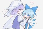  2girls :t arm_belt artist_name bangs blue_bow blue_eyes blue_hair blue_vest blush bow cirno closed_mouth commentary_request cropped_torso hair_between_eyes hair_bow hands_on_another&#039;s_cheeks hands_on_another&#039;s_face hat highres ice ice_wings juliet_sleeves letty_whiterock long_sleeves looking_at_another m_(m073111) medium_hair mob_cap multiple_girls open_mouth puffy_short_sleeves puffy_sleeves purple_eyes purple_hair purple_vest scarf short_sleeves sparkle star_(symbol) touhou vest wavy_hair white_headwear white_scarf wings 