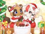  4:3 accessory anthro bell blue_eyes bow_(feature) bow_accessory bow_ribbon brown_body brown_fur cake candle candy candy_cane canid canine christmas christmas_clothing christmas_decorations christmas_headwear christmas_lights christmas_present christmas_tree christmas_wreath clothed clothing dessert digital_media_(artwork) duo english_text female female_anthro fingers food fox fur furniture gift grey_eyes hair hair_accessory hair_bow hair_ribbon hand_holding hat headgear headwear hi_res holidays inside koto0v0haru looking_at_another looking_at_partner mammal multicolored_body open_mouth plant raccoon_dog red_clothing red_hat red_headwear ribbons santa_hat smile table tanuki text topwear tree two_tone_body white_body white_fur white_hair wreath 