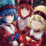  3girls :d black_choker black_headwear blonde_hair blue_hair box choker closed_eyes earth_(ornament) gift gift_box hecatia_lapislazuli hecatia_lapislazuli_(earth) hecatia_lapislazuli_(moon) highres light_particles moon_(ornament) multiple_girls open_mouth polos_crown red_eyes red_hair santa_costume smile tierra_misu touhou upper_body 