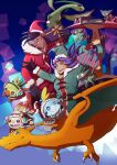  2boys :d absurdres belt black_gloves box charizard clothed_pokemon coat commentary dark-skinned_male dark_skin dragapult dreepy flygon gift gift_box gloves green_coat green_headwear grookey hat highres leon_(holiday_2021)_(pokemon) leon_(pokemon) long_sleeves male_focus multiple_boys ocyaco official_alternate_costume open_mouth pokemon pokemon_(creature) pokemon_(game) pokemon_masters_ex pokemon_swsh raihan_(pokemon) red_coat red_headwear ribbon riding riding_pokemon santa_hat scorbunny smile sobble teeth upper_teeth_only yellow_eyes 