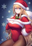  1girl bangs blonde_hair blue_eyes breasts brown_pantyhose capelet christmas covered_navel detached_sleeves fur-trimmed_capelet fur-trimmed_headwear fur-trimmed_leotard fur-trimmed_sleeves fur_trim glasses hat highleg highleg_leotard highres holding holding_sack large_breasts leotard long_hair long_sleeves milcho original pantyhose parted_bangs pom_pom_(clothes) red_headwear red_leotard red_sleeves sack santa_hat sidelocks smile strapless strapless_leotard very_long_hair 