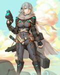  1girl abs armor belt blue_eyes boots breasts cloak cloud cloudy_sky fingerless_gloves gloves gun hair_ornament hairclip highres holding holding_gun holding_weapon jumpsuit looking_to_the_side muscular muscular_female ninten_link original pouch shoulder_armor sky toned weapon white_hair 