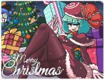  1girl :d bangs blunt_bangs box brown_footwear candy candy_cane capelet christmas_tree dress english_commentary food front_ponytail full_body fur_trim gift gift_box green_eyes green_hair hair_ribbon holly kagiyama_hina kawashiro_nitori kevin_arthur knees_up merry_christmas open_mouth pantyhose pyonta red_capelet red_dress red_ribbon ribbon santa_costume sitting smile solo touhou 