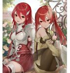  2girls armor bangs bare_shoulders black_gloves black_pantyhose breastplate commentary_request cordelia_(fire_emblem) detached_sleeves dress fingerless_gloves fire_emblem fire_emblem_awakening gloves greaves hair_between_eyes haru_(nakajou-28) knees_up long_hair mother_and_daughter multiple_girls pantyhose pauldrons pouch red_dress red_eyes red_hair red_thighhighs severa_(fire_emblem) short_dress shoulder_armor sitting sleeveless thighhighs twintails very_long_hair wing_hair_ornament 