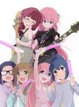  6+girls absurdres bocchi_the_rock! cube_hair_ornament electric_guitar gotou_hitori guitar hair_ornament highres holding holding_instrument instrument inuyama_aoi jacket kagamihara_nadeshiko kagamihara_sakura kita_ikuyo multiple_girls murairamuraiari open_mouth pink_hair shima_rin shirt t-shirt teeth upper_teeth_only yurucamp 