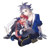  2boys adaman_(pokemon) arm_support black_shirt blush closed_mouth collar commentary_request earrings eyebrow_cut flute grey_jacket grey_pants hand_up hand_wraps hat highres holding holding_instrument instrument jacket jewelry male_focus multicolored_hair multiple_boys pants pokemon pokemon_(game) pokemon_legends:_arceus ponytail red_headwear red_scarf rei_(pokemon) scarf shirt shoes sitting white_background yue_(jinziyuezi) 