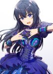  1girl \m/ ayano_yuu_(sonma_1426) bangs black_hair blue_eyes double_\m/ highres idol idoly_pride long_hair looking_at_viewer nagase_kotono open_mouth purple_eyes smile 