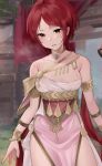  1girl armlet bare_shoulders bracelet choker commentary_request cowboy_shot dancer_(three_houses) dress fire_emblem fire_emblem:_three_houses haru_(nakajou-28) jewelry monica_von_ochs off_shoulder parted_lips pelvic_curtain red_eyes red_hair short_hair single-shoulder_dress solo standing 