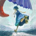  1girl barefoot blue_hair blue_skirt blue_vest blush fjsmu from_behind geta highres karakasa_obake long_sleeves open_mouth rain shirt short_hair skirt smile solo tatara_kogasa touhou umbrella vest white_shirt 