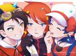 1girl 2boys backwards_hat bangs blue_overalls blush brown_hair closed_eyes commentary_request confetti cowlick ethan_(pokemon) gloves goggles goggles_on_headwear grin hana_e_(ka_e0128) hat highres holding jacket kris_(pokemon) multiple_boys open_mouth overalls pokemon pokemon_adventures purple_eyes red_jacket shirt short_hair silver_(pokemon) smile sweat teeth white_headwear yellow_eyes 