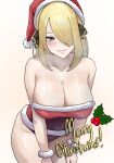  1girl absurdres bare_shoulders blonde_hair blush breasts christmas cleavage cynthia_(pokemon) dress english_text fur_cuffs grey_eyes grin hair_ornament hat highres large_breasts leaning_forward looking_at_viewer merry_christmas mistletoe noras panties pokemon pokemon_(game) pokemon_dppt red_panties santa_costume santa_dress santa_hat short_dress simple_background smile solo strapless strapless_dress teeth thighs underwear 