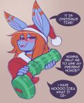  2022 absurd_res anthro blush christmas christmas_clothing christmas_headwear clothing dialogue dildo english_text gift girly hat headgear headwear hi_res holidays lagomorph leporid looking_at_viewer male mammal oro97 oro_(oro97) rabbit santa_hat sex_toy solo talking_to_viewer text 