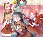  4girls :p absurdres ajeu914 alternate_costume animal_costume animal_ear_headphones animal_ears antlers aris_(blue_archive) blue_archive carrying carrying_over_shoulder carrying_person cat_ear_headphones christmas christmas_tree fake_animal_ears gift halo headphones highres midori_(blue_archive) momoi_(blue_archive) multiple_girls on_shoulder reindeer_antlers reindeer_costume santa_costume siblings sisters sitting_on_shoulder smile star_(symbol) tongue tongue_out twins yuzu_(blue_archive) 