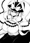  1girl absurdres bangs bow breasts capelet closed_mouth frilled_capelet frilled_shawl frills hat hat_bow high_contrast highres himajin_noizu huge_breasts long_sleeves looking_at_viewer monochrome nagae_iku own_hands_together shawl shirt short_hair simple_background skirt smile solo touhou 
