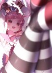  1girl arms_up bangs blurry blurry_foreground blush bow bowtie crown empty_eyes highres long_sleeves looking_at_viewer one_piece open_mouth pantyhose perona pink_bow pink_bowtie pink_eyes pink_hair ryota_(ry_o_ta) shirt signature simple_background solo striped striped_pantyhose tongue tongue_out white_background white_shirt 