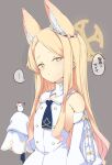 ... 1girl ? animal_ears bangs bare_shoulders bird blonde_hair blue_archive detached_sleeves dress forehead grey_background halo kohaku_q long_hair looking_at_viewer parted_bangs seia_(blue_archive) simple_background solo speech_bubble spoken_ellipsis translation_request white_dress white_sleeves yellow_eyes 