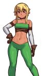  1girl absurdres arm_at_side bangs bare_shoulders black_choker blonde_hair breasts brown_gloves brown_hair choker elbow_gloves elf elfheim gloves green_pants hair_between_eyes hand_on_hip highres looking_at_viewer midriff navel nil_sunna pants pointy_ears sidelocks simple_background sketch small_breasts smile solo strapless sunna_(nilsunna) tube_top white_background white_gloves 