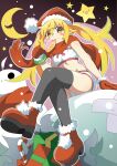  1girl black_thighhighs blonde_hair blush_stickers capelet christmas crescent_moon crossed_legs doughnut eating food gesugesu_ahoaho gloves hair_between_eyes hat highres long_hair looking_at_viewer midriff monogatari_(series) moon mouth_hold oshino_shinobu red_capelet red_footwear red_gloves red_headwear red_scarf santa_hat scarf sitting snowman solo star_(symbol) thighhighs yellow_eyes 