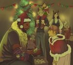  2girls 3boys antlers bangs barret_wallace black_hair blonde_hair boots breasts brown_hair capelet carrying_over_shoulder chocobo christmas christmas_lights christmas_ornaments christmas_tree closed_eyes cloud_strife dark-skinned_male dark_skin denzel earrings facial_hair family female_child final_fantasy final_fantasy_vii final_fantasy_vii_advent_children fur-trimmed_boots fur-trimmed_capelet fur-trimmed_headwear fur_trim hair_ribbon hairband hat highres indoors jewelry large_breasts long_hair long_sleeves looking_at_another male_child marlene_wallace moogle multiple_boys multiple_girls open_mouth pants pink_ribbon red_footwear red_headwear red_pants reindeer_antlers ribbon sabotender santa_costume santa_hat short_hair single_earring smile spiked_hair swept_bangs tifa_lockhart tori_(labyrinth_fft) turtleneck 