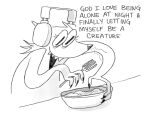  anthro bowl container cutlery dialogue english_text female food fork headphones hi_res holding_object kitchen_utensils monochrome solo text tools twistcmyk 