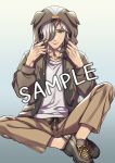  &gt;:) 1boy animal_ears animal_hood arven_(pokemon) bangs black_hair blue_background blue_eyes brown_footwear brown_jacket brown_pants closed_mouth comiket_101 dog_ears dog_hood drawstring fake_animal_ears gradient gradient_background grey_hair hair_over_one_eye hands_up highres hood hood_up hooded_jacket jacket looking_at_viewer male_focus mono_land multicolored_hair open_clothes open_jacket pants pokemon pokemon_(game) pokemon_sv sample_watermark shirt shoes sitting smile solo streaked_hair thick_eyebrows v-shaped_eyebrows white_shirt 