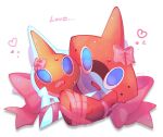  blue_eyes bow clenched_teeth commentary_request heart kokemushi_(kuru_fox) looking_at_viewer no_humans open_mouth pink_bow pokemon pokemon_(creature) ribbon rotom rotom_(normal) rotom_dex sweat teeth white_background 