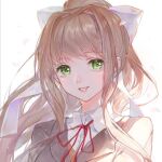  1girl bangs brown_hair brown_jacket chinese_commentary collared_shirt commentary_request doki_doki_literature_club falling_petals green_eyes hair_ribbon jacket long_hair looking_at_viewer maccha_(mochancc) monika_(doki_doki_literature_club) neck_ribbon orange_vest petals ponytail portrait red_ribbon ribbon rose_petals shirt simple_background smile solo vest white_background white_ribbon white_shirt 