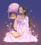  1boy 1girl antlers arm_up black_hair book bracelet closed_eyes covering_with_blanket dress duckprotector26 earrings gradient gradient_background heart highres holding holding_book jewelry long_hair musical_note necklace nico_robin one_piece pink_dress reindeer sleeping tony_tony_chopper window 