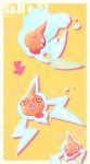  @_@ arrow_(symbol) border closed_eyes closed_mouth commentary_request frown heart highres kokemushi_(kuru_fox) motion_lines multiple_views no_humans open_mouth pokemon pokemon_(creature) rotom rotom_(normal) sweatdrop white_border yellow_background 