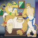  accessory action_52 anthro apollo_(cheetahmen) aries_(cheetahmen) brown_hair cheetah cheetahmen cross-popping_vein ellipsis ezdbud felid feline fur hair headband hercules_(cheetahmen) hi_res male mammal muscular muscular_male sibling spots spotted_body yellow_body yellow_fur 