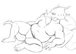  anthro barefoot beard black_and_white briefs briefs_only ceratopsian claws clothed clothing dinosaur facial_hair feet horn male monochrome musclegut navel ornithischian petragarch project_geeker reptile scalie simple_background sketch smile solo thegreatmatsutzu topless triceratops underwear underwear_only white_background 