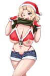  1girl areola_slip bikini blonde_hair blue_eyes blush breast_slip breasts christmas clothes_lift fingerless_gloves fur_trim girls_und_panzer gloves hat highres kay_(girls_und_panzer) large_breasts looking_at_viewer metal_man10 navel nipples one_eye_closed open_clothes open_mouth open_shorts red_bikini red_gloves santa_bikini santa_hat shiny shiny_hair shiny_skin shirt_lift short_shorts shorts simple_background skindentation smile solo swimsuit white_background 