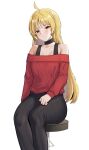  1girl :/ absurdres ahoge arm_at_side bangs bare_shoulders black_choker black_pants black_tank_top blonde_hair blush bocchi_the_rock! breasts choker closed_mouth collarbone commentary_request feet_out_of_frame hand_on_own_thigh head_tilt highres ijichi_seika long_hair long_sleeves looking_at_viewer medium_breasts off-shoulder_shirt off_shoulder on_stool pants ptal raised_eyebrow red_shirt shirt shirt_tucked_in simple_background sleeves_past_wrists solo stool tank_top tight tight_pants very_long_hair white_background yellow_eyes 