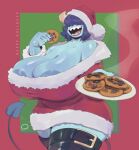  areola big_breasts blue_body breasts christmas christmas_clothing christmas_headwear cleavage clothed clothing cookie demon demon_humanoid female food hair hair_over_eyes hat headgear headwear holidays huge_breasts humanoid mature_female not_furry peculiart santa_hat solo spade_tail thick_thighs 