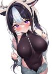 1girl absurdres animal_ears antlers bare_shoulders black_hair black_leotard breasts closed_mouth copyright_request covered_navel grey_shorts highres ichi-jirushi large_breasts leotard long_hair looking_at_viewer multicolored_hair purple_eyes shorts simple_background smile solo streaked_hair tail unbuttoned unbuttoned_shorts white_background white_hair zipper 