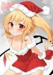  1girl absurdres alternate_costume bangs bare_shoulders blush breasts christmas cleavage collarbone contrapposto crystal dress flandre_scarlet fur_trim gradient gradient_background grey_background grin harry_(namayake) hat highres leaning_forward medium_breasts mittens one_side_up pointy_ears red_dress santa_hat short_hair short_hair_with_long_locks simple_background smile snowflakes solo teeth touhou wings 