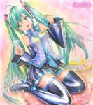  1girl ahoge boots commentary_request detached_sleeves hatsune_miku headphones high_heels long_hair mayo_riyo mimikaki non-web_source shoes solo thigh_boots thighhighs tissue twintails very_long_hair vocaloid zettai_ryouiki 