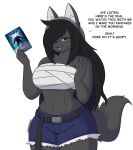  2021 anthro beanie belt black_hair blue_bottomwear blue_clothing blue_shorts bottomwear breasts brown_eyes canid canine canis chest_wraps clothing dee_(dewwydarts) dewwydarts dialogue dvd english_text female fur grey_body grey_fur hair hair_over_eye hat headgear headwear hi_res holding_object long_hair looking_at_viewer mammal medium_breasts midriff one_eye_obstructed open_mouth shorts simple_background solo standing talking_to_viewer text the_thing thick_thighs white_background wolf wraps yellow_sclera 