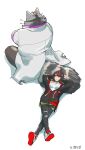  anthro black_hair brown_body brown_fur clothing coat duo female fur hair hi_res human lab_coat lifewonders live-a-hero lying male mammal on_back procyonid raccoon seikeikei2015 sensettia tail_pillow topwear viscunam 