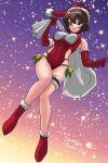  1girl brown_eyes brown_hair christmas full_body girls_und_panzer gloves hat holding holding_sack leotard looking_at_viewer matsui_yasutsugu nishizumi_maho one-hour_drawing_challenge red_footwear ribbon sack santa_costume santa_hat shiny shiny_hair signature simple_background smile solo starry_background 