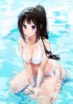  1girl :o armpit_crease bangs bare_arms bare_legs bare_shoulders barefoot between_legs bikini black_hair blush breasts chitanda_eru cleavage commentary_request day frilled_bikini frills full_body halterneck hand_between_legs highres hyouka large_breasts leaning_forward long_hair looking_at_viewer mery_(yangmalgage) outdoors parted_lips ponytail purple_eyes seiza shallow_water side-tie_bikini_bottom sidelocks sitting sitting_on_water solo swimsuit water wet white_bikini 